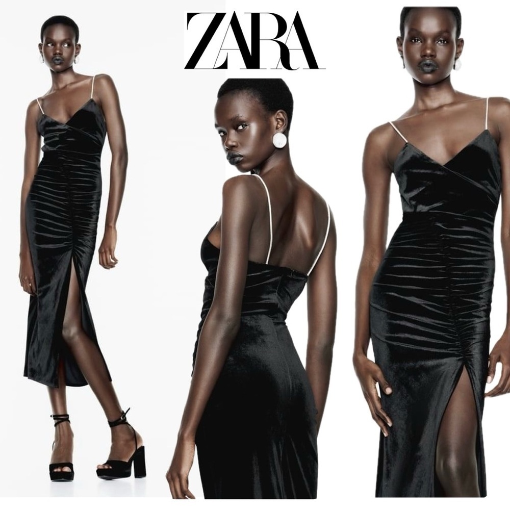 ZARA BLACK VELVET RUCHED GATHERED BODYCON MIDI DRESS WITH RHINESTONE STRAPS Sz S